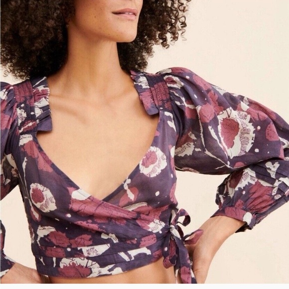 Cleobella L Valencia Top Floral Wrap Cropped Purple Peasant Balloon Sleeve - Picture 4 of 8